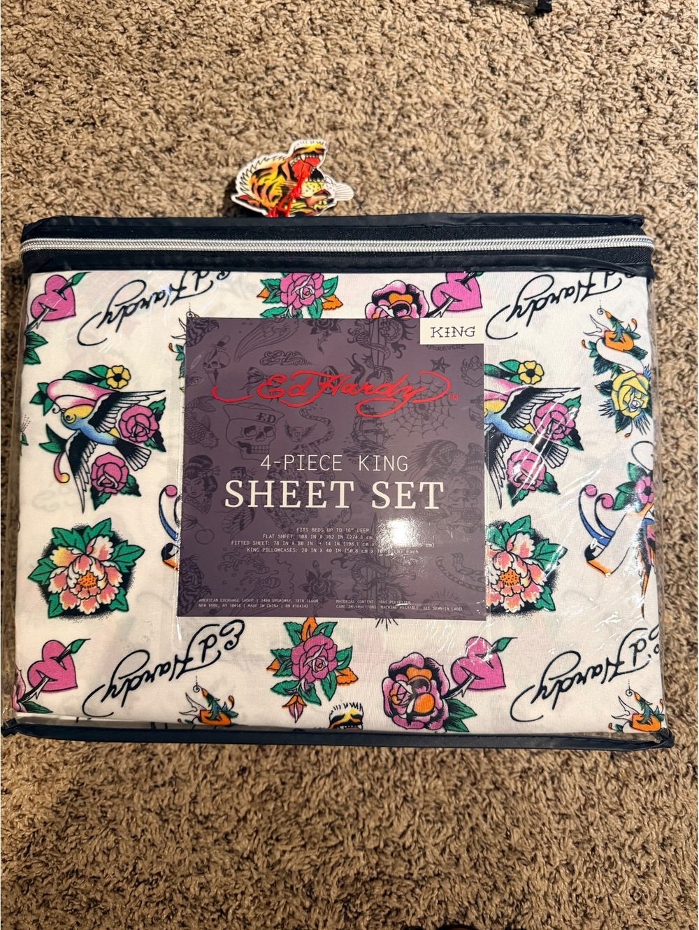 Ed Hardy King 4 Piece Sheet Set White Tattoo Floral Y2K NWT